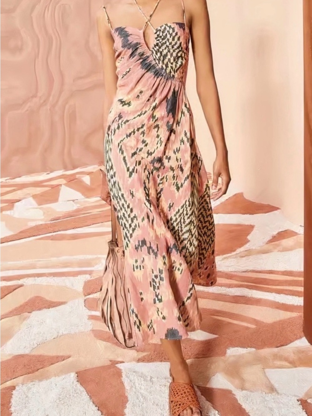 Ulla Johnson Imara Pink Ikat-Print Spaghetti Strap Midi Dress, 2 - Picture 1 of 5